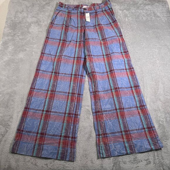 Anthropologie Plaid Wide-Leg Pants Womens‎ Size 6 Blue Red Casual - Picture 1 of 8